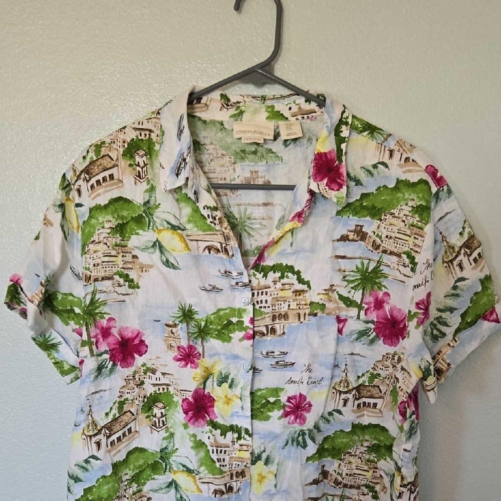 Cynthia Rowley Tropical Floral Button-Down Shirt in White, Green, Pink